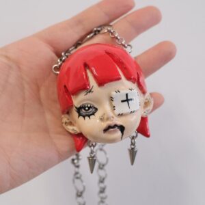 OOAK Red Hair Doll Head Necklace, Eyepatch Gothic Clay Pendant, Punk Alt Fashion Jewelry with Spike Charms