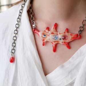 Handmade Double-Eye Creature Necklace: Surreal Polymer Clay Statement Jewelry