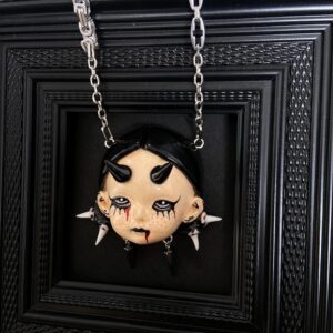 Handmade Gothic Doll Head Necklace OOAK Pendant | Handmade Dark Aesthetic Jewelry | Creepy Cute Gift for Halloween & Goth Style