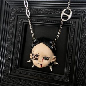 Handmade Gothic Doll Head Necklace OOAK Pendant | Handmade Dark Aesthetic Jewelry | Creepy Cute Gift for Halloween & Goth Style