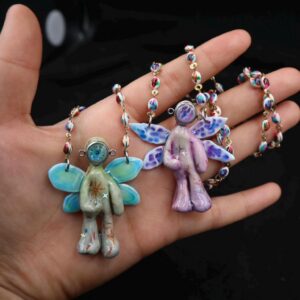 Handmade Fairy Angel Alien Necklace – Adjustable Stainless Steel Chain, Unique Polymer Clay Jewelry, Surreal Statement Piece