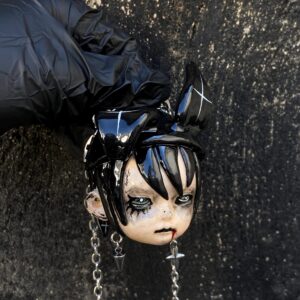 OOAK Gothic Doll Head Necklace, Hand-Sculpted Stone Clay Horror Pendant, Alternative Fashion Accessory